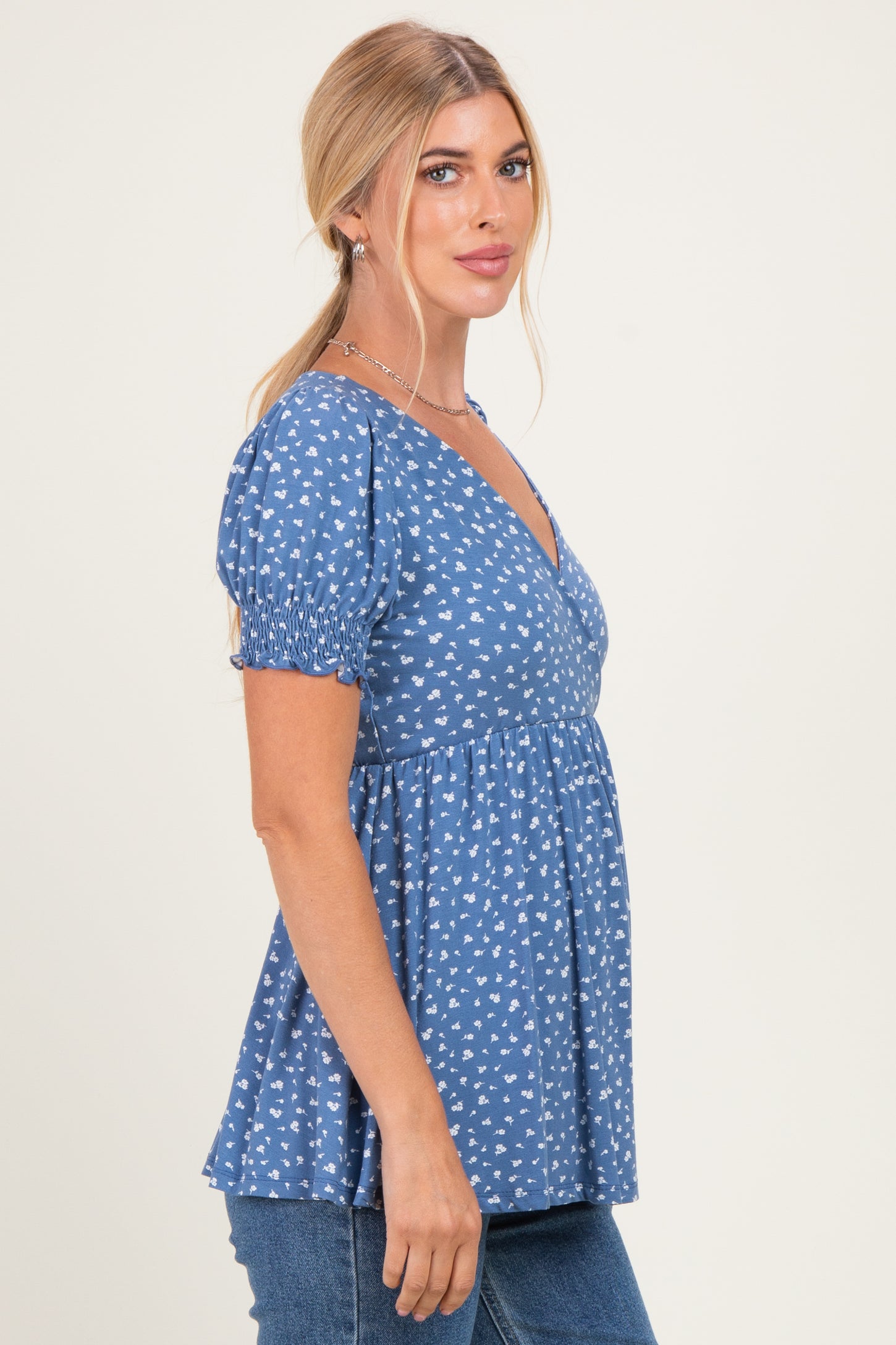 Blue Ditsy Floral Smocked Sleeve Wrap Top