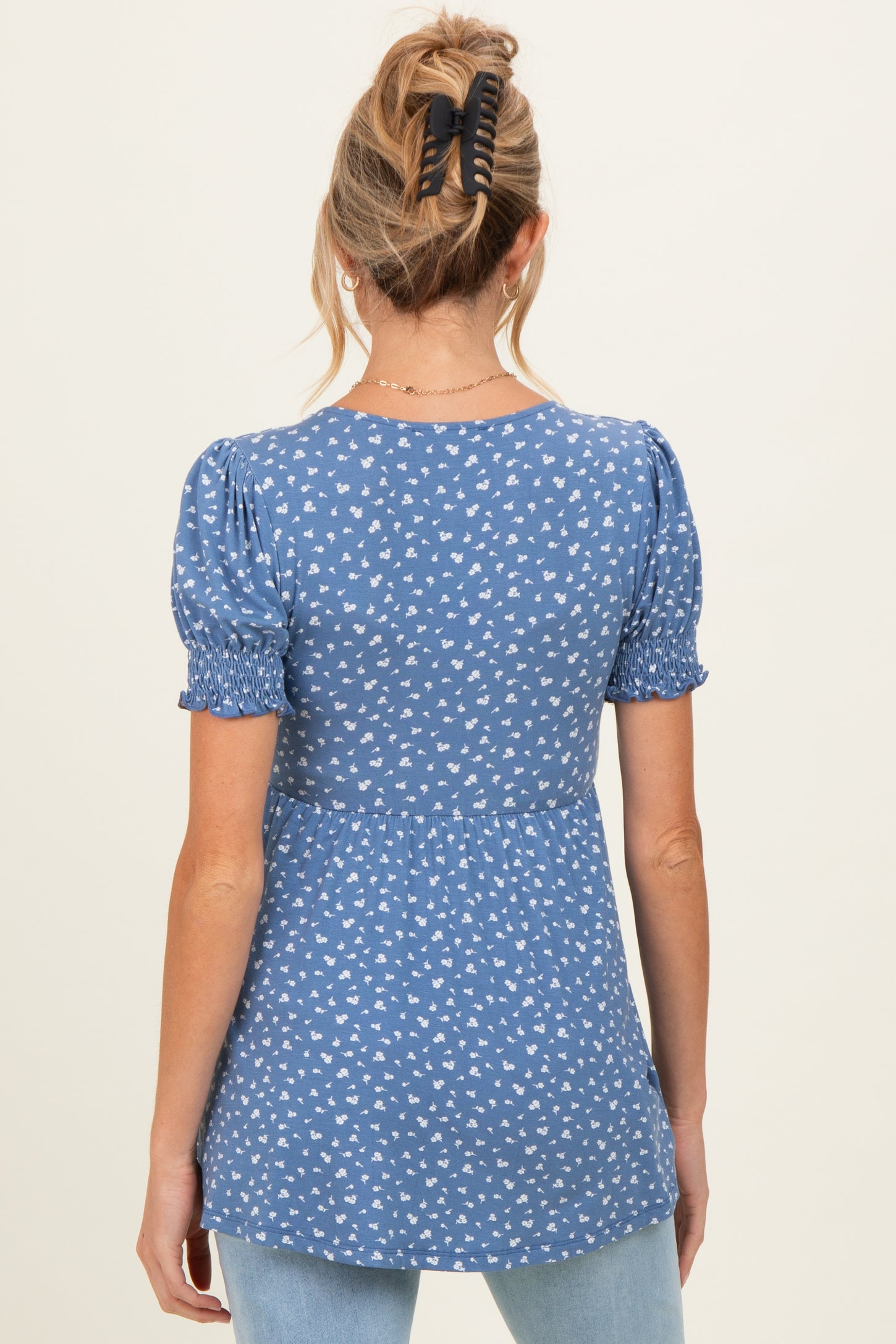 Blue Ditsy Floral Smocked Sleeve Maternity Wrap Top