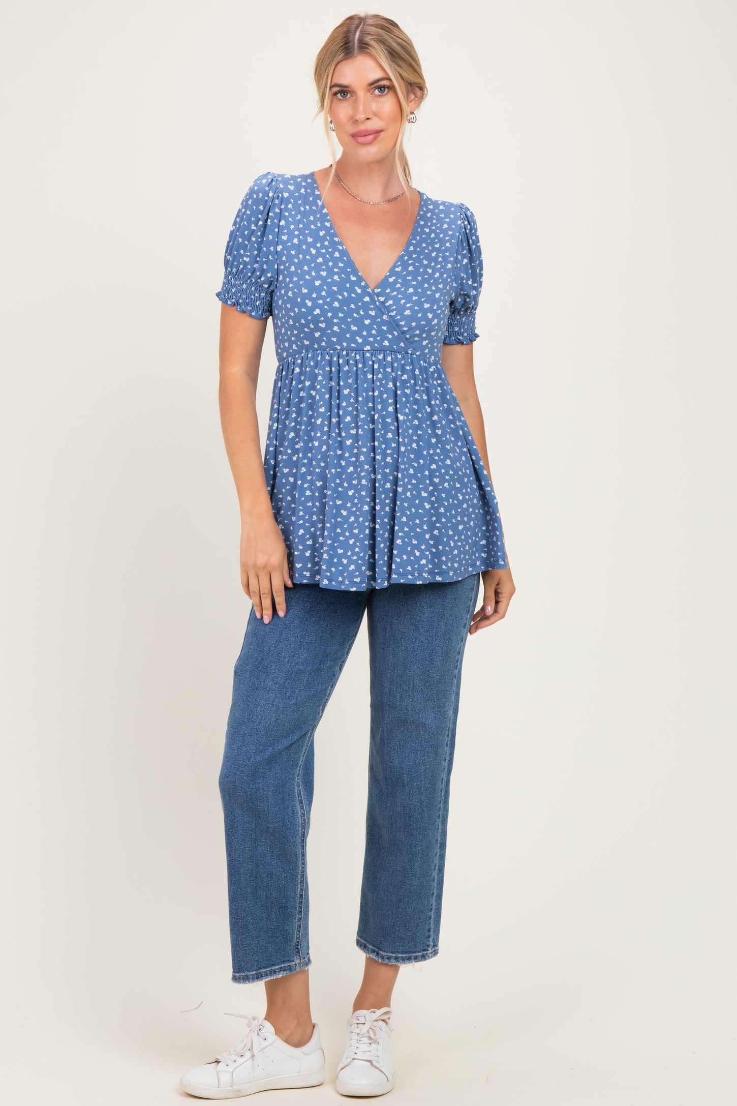 Blue Ditsy Floral Smocked Sleeve Wrap Top