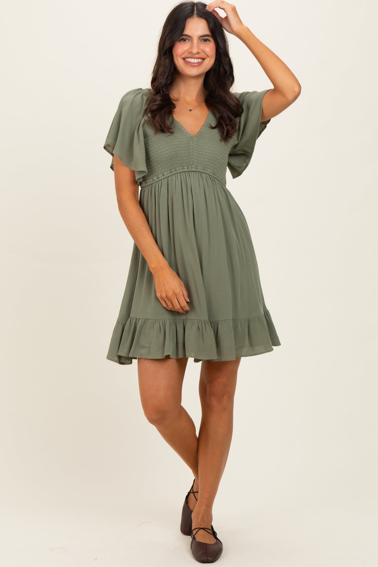 olive green smocked dress Olive Green Smocked Midi Dress Groovy Mimi