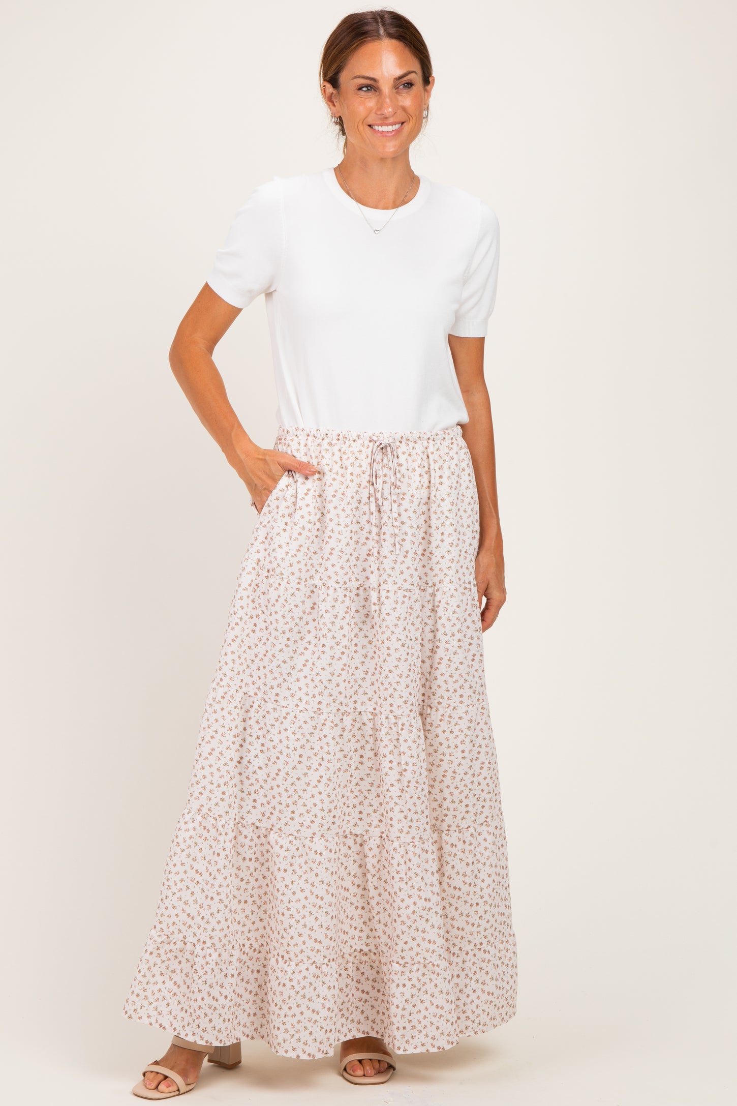 Cream Floral Drawstring Tiered Maxi Skirt