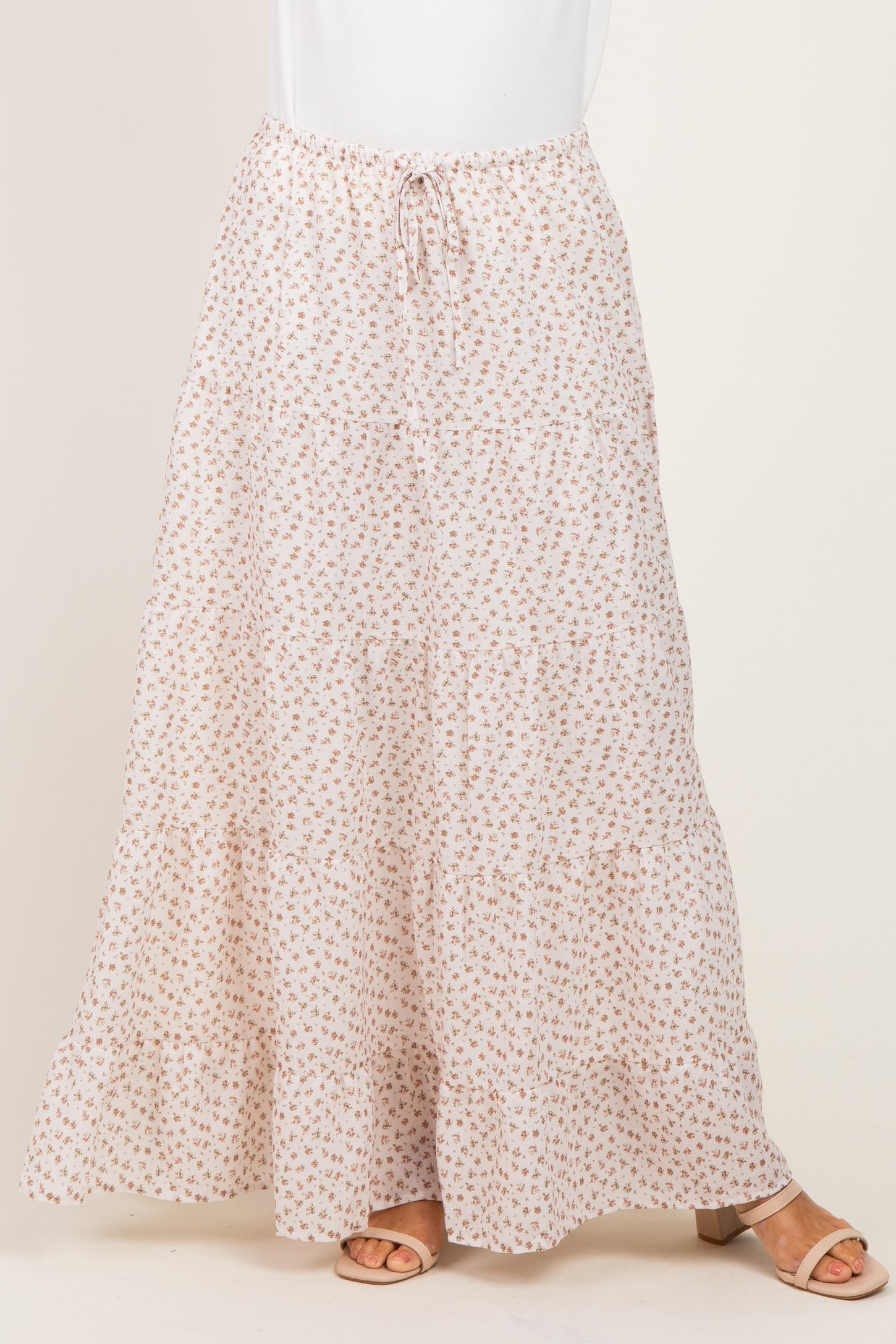 Cream Floral Drawstring Tiered Maxi Skirt