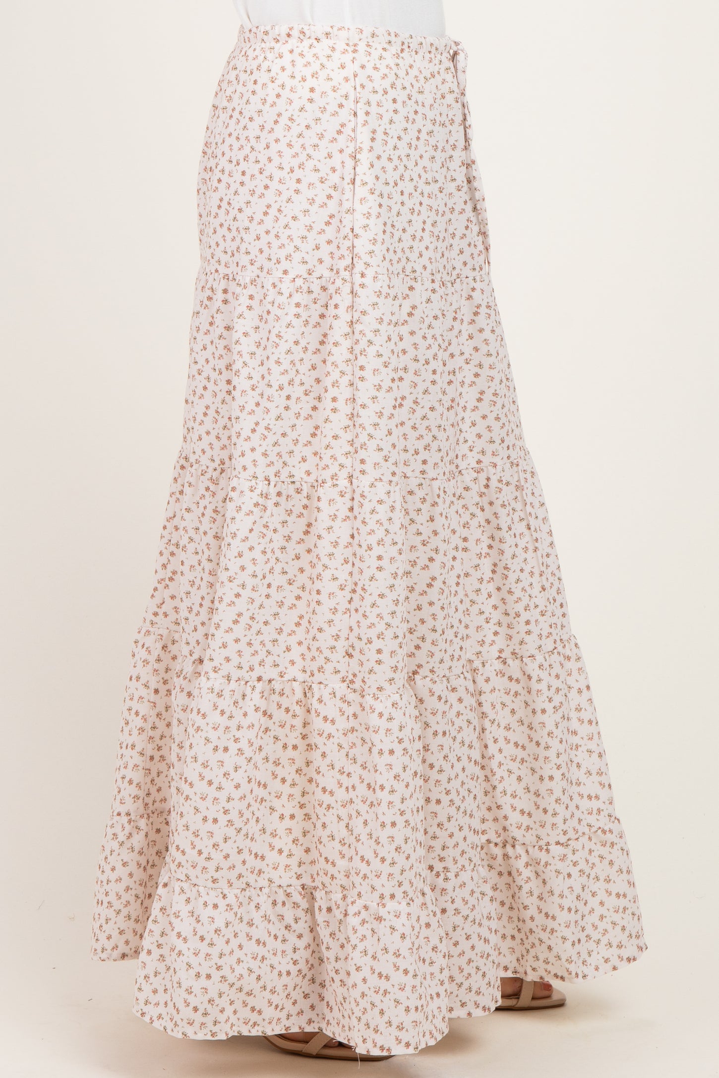 Cream Floral Drawstring Tiered Maxi Skirt