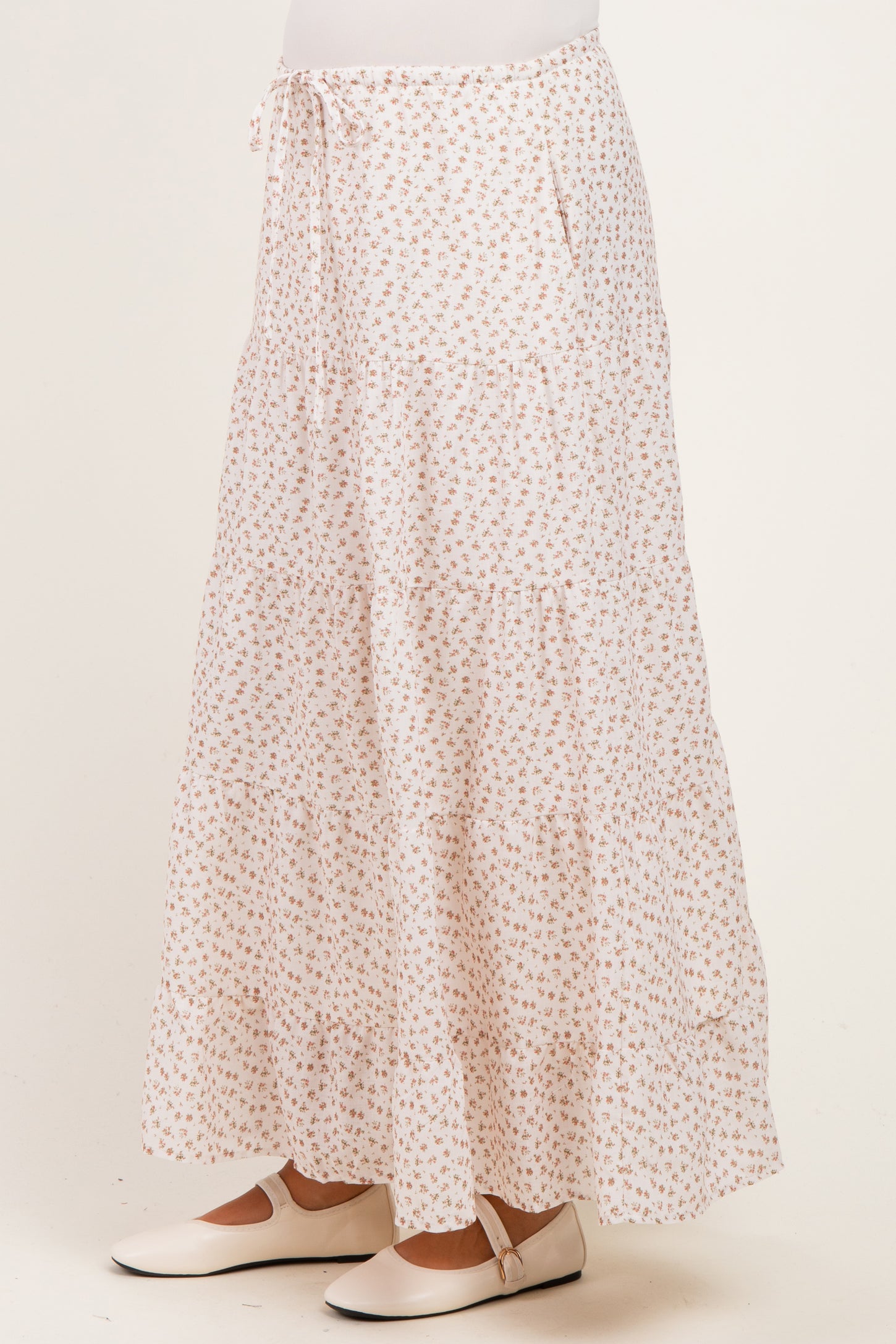 Cream Floral Drawstring Tiered Maternity Maxi Skirt