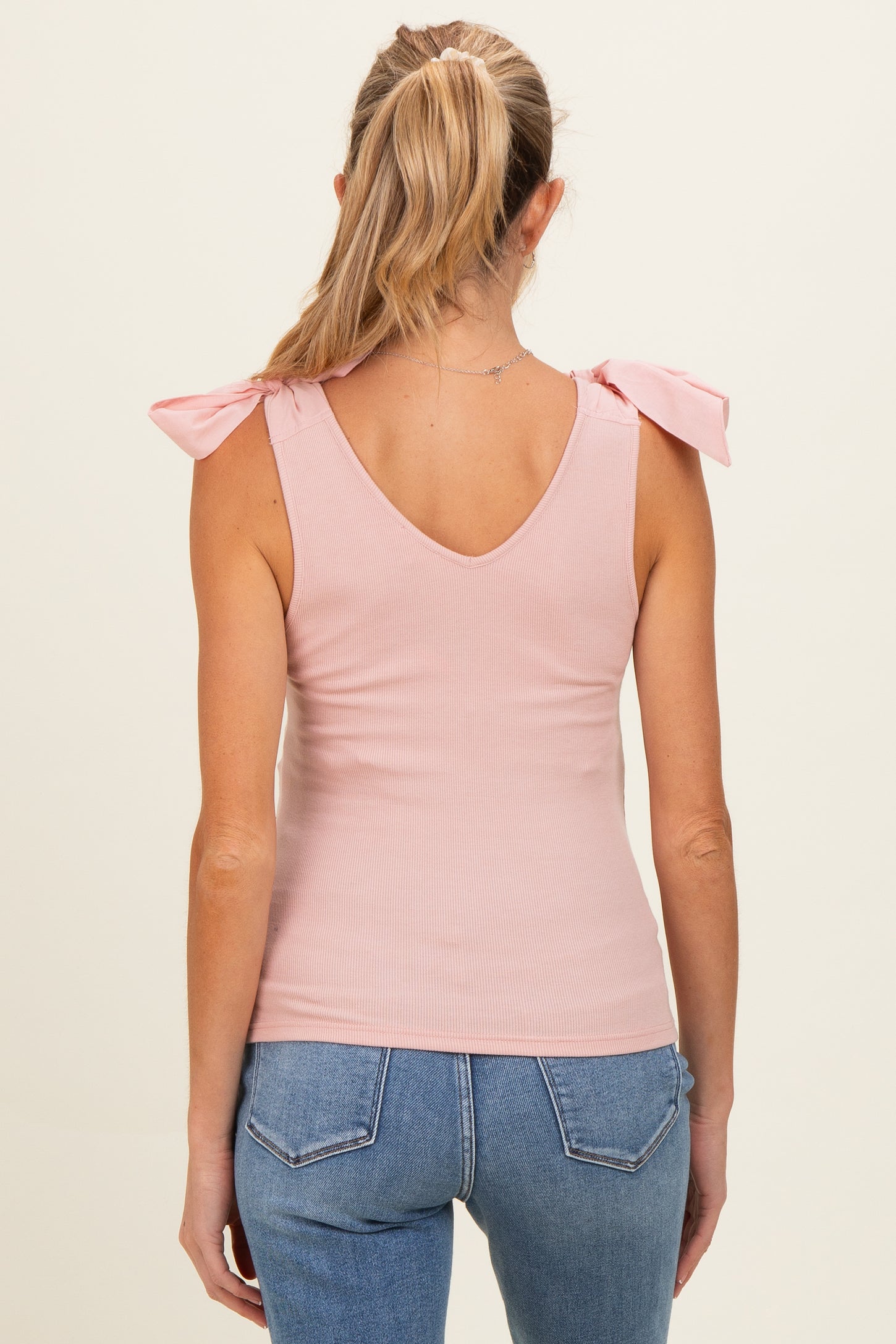 Pink Bow Tie Detail Sleeveless V Neck Ribbed Maternity Top