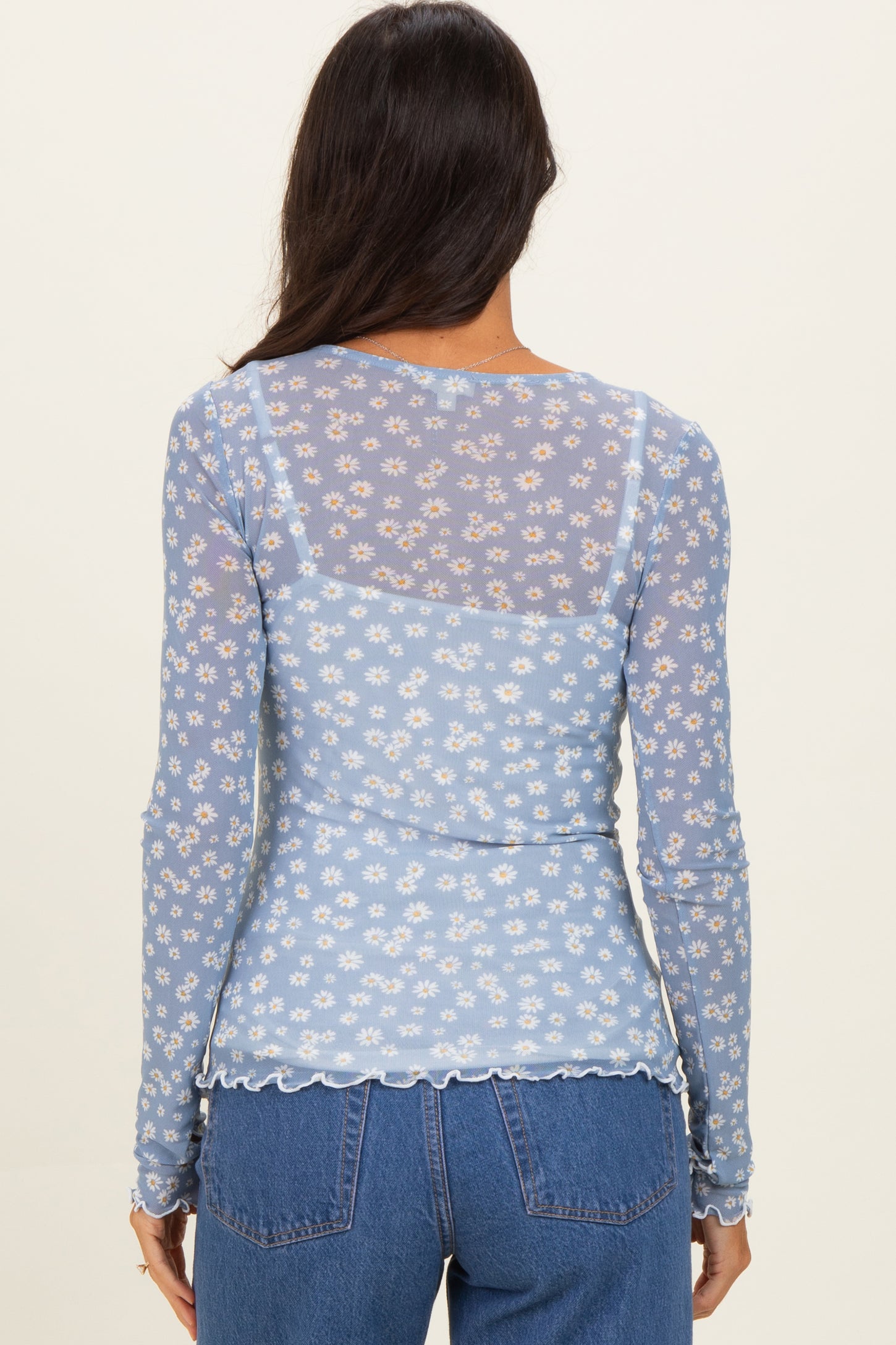 Blue Daisy Print Mesh Long Sleeve Sheer Top