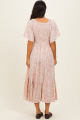 Mauve Flutter Sleeve Floral Print Smocked Chest Ruffled Hem Dress