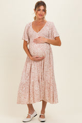 Mauve Flutter Sleeve Floral Print Smocked Chest Ruffled Hem Maternity Dress