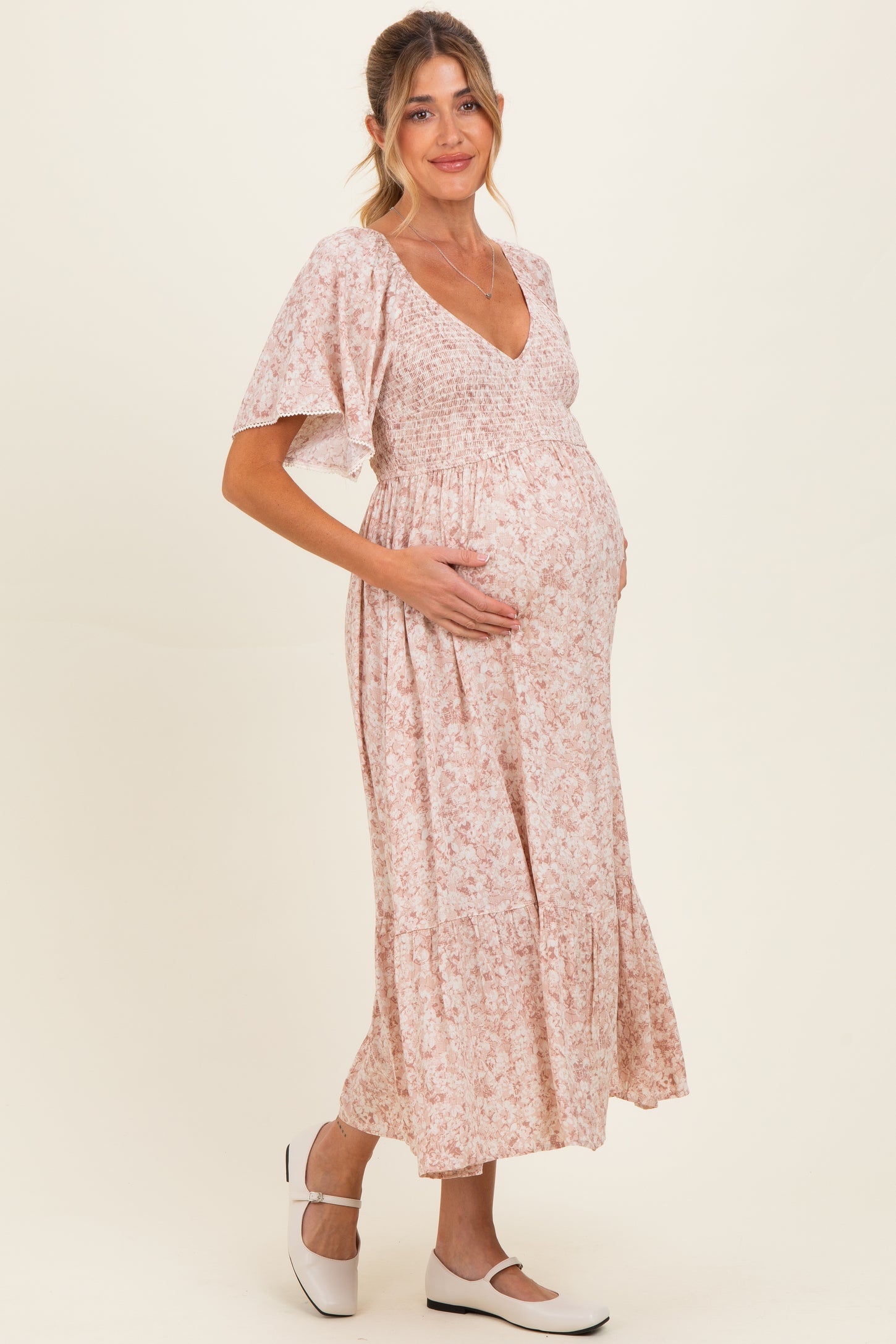 Mauve Flutter Sleeve Floral Print Smocked Chest Ruffled Hem Maternity Dress