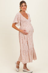 Mauve Flutter Sleeve Floral Print Smocked Chest Ruffled Hem Maternity Dress