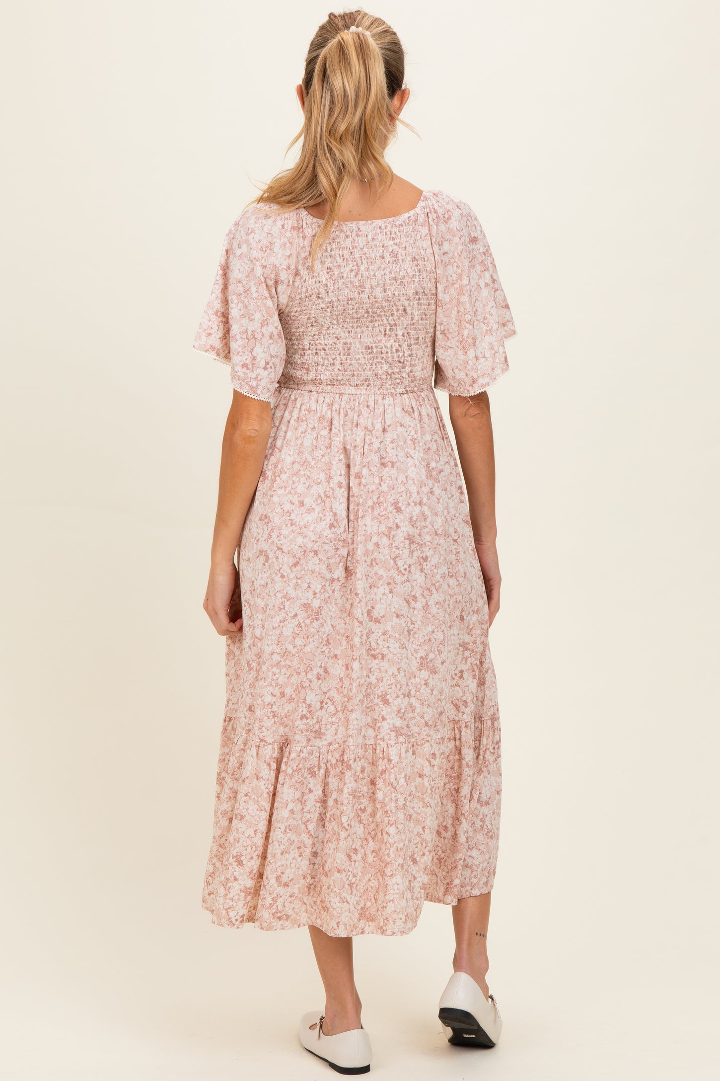Mauve Flutter Sleeve Floral Print Smocked Chest Ruffled Hem Maternity Dress
