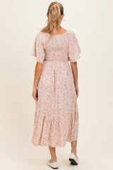 Mauve Flutter Sleeve Floral Print Smocked Chest Ruffled Hem Maternity Dress