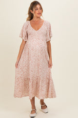 Mauve Flutter Sleeve Floral Print Smocked Chest Ruffled Hem Maternity Dress