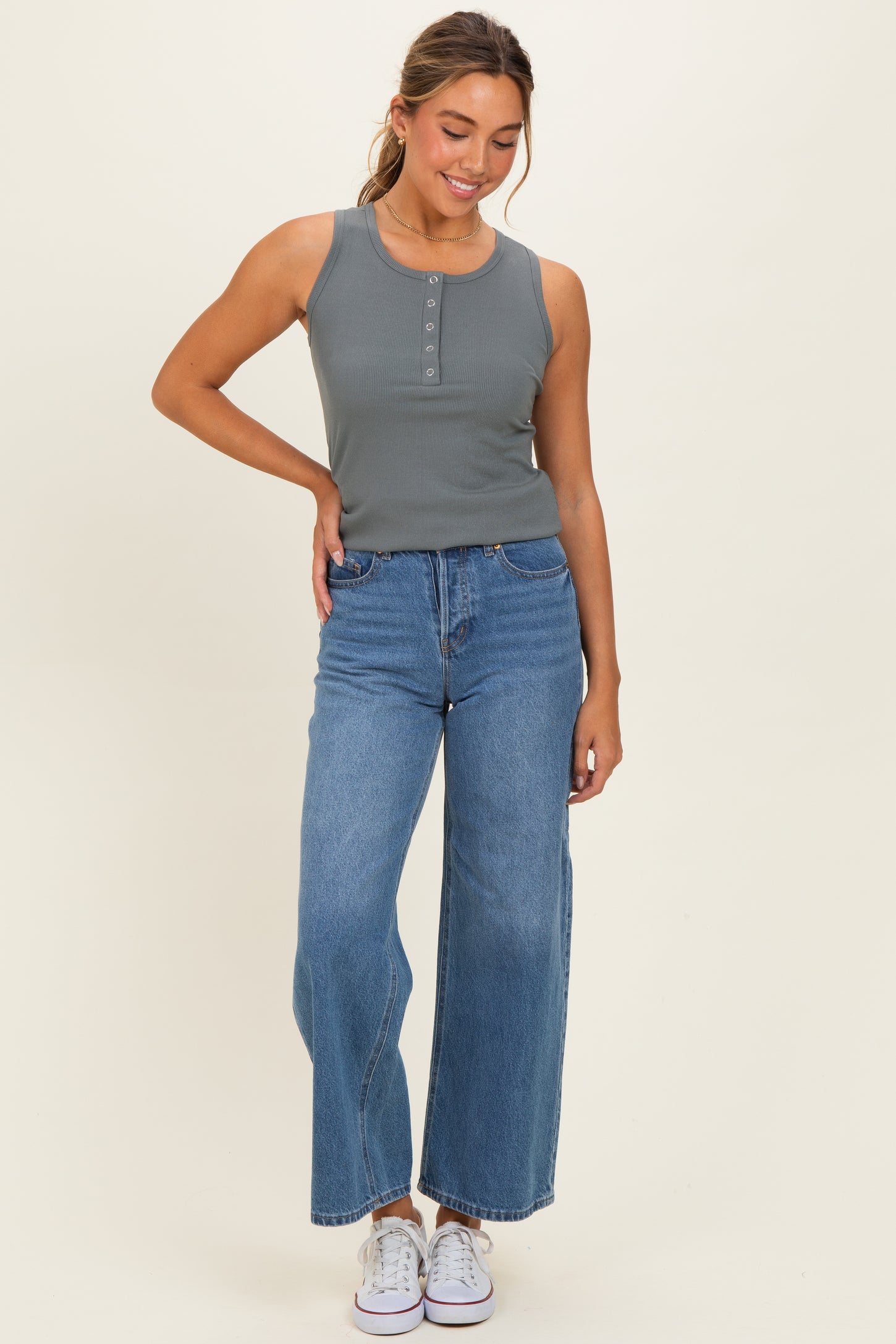 Olive Ribbed Sleeveless Henley Tank Top