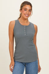 Olive Ribbed Sleeveless Henley Tank Top