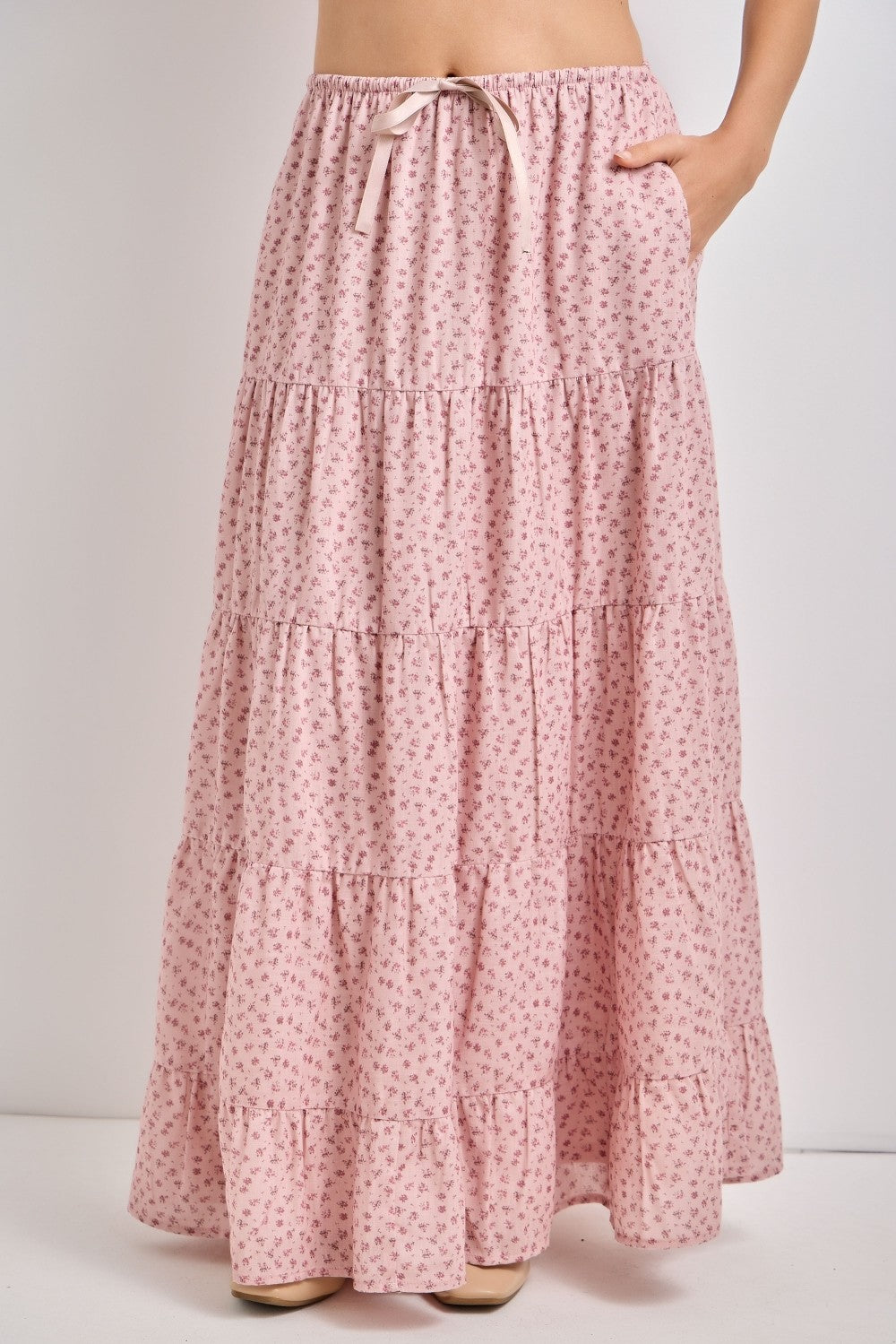 Blush Floral Drawstring Tiered Maternity Maxi Skirt