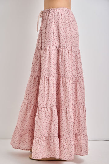 Blush Floral Drawstring Tiered Maxi Skirt