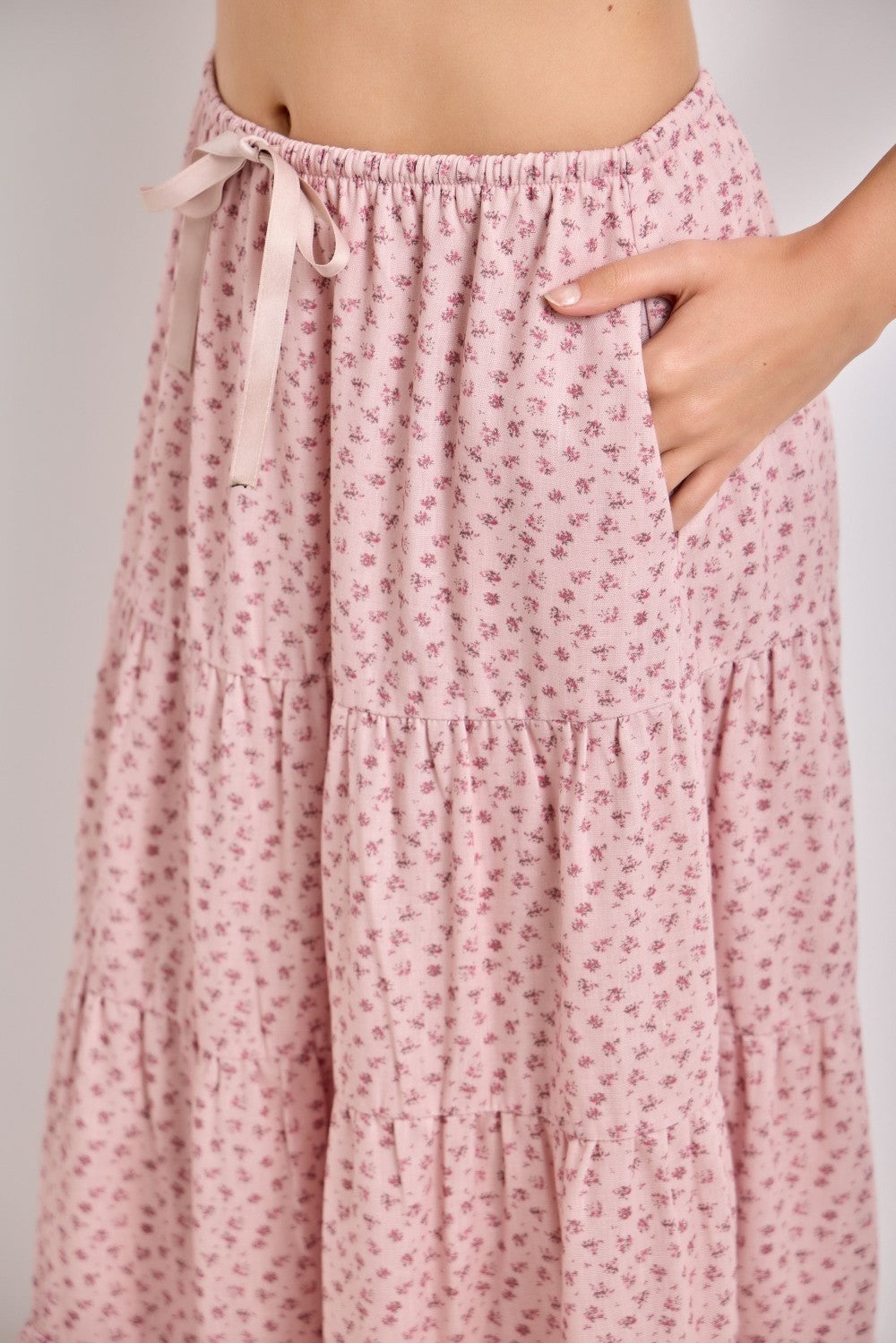 Blush Floral Drawstring Tiered Maxi Skirt