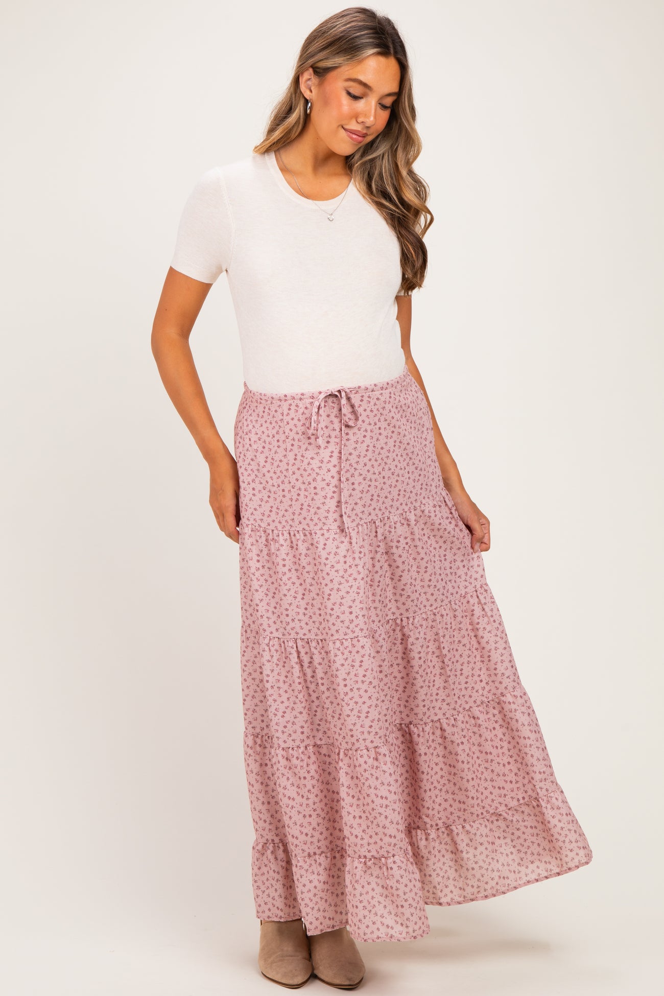 Blush Floral Drawstring Tiered Maternity Maxi Skirt