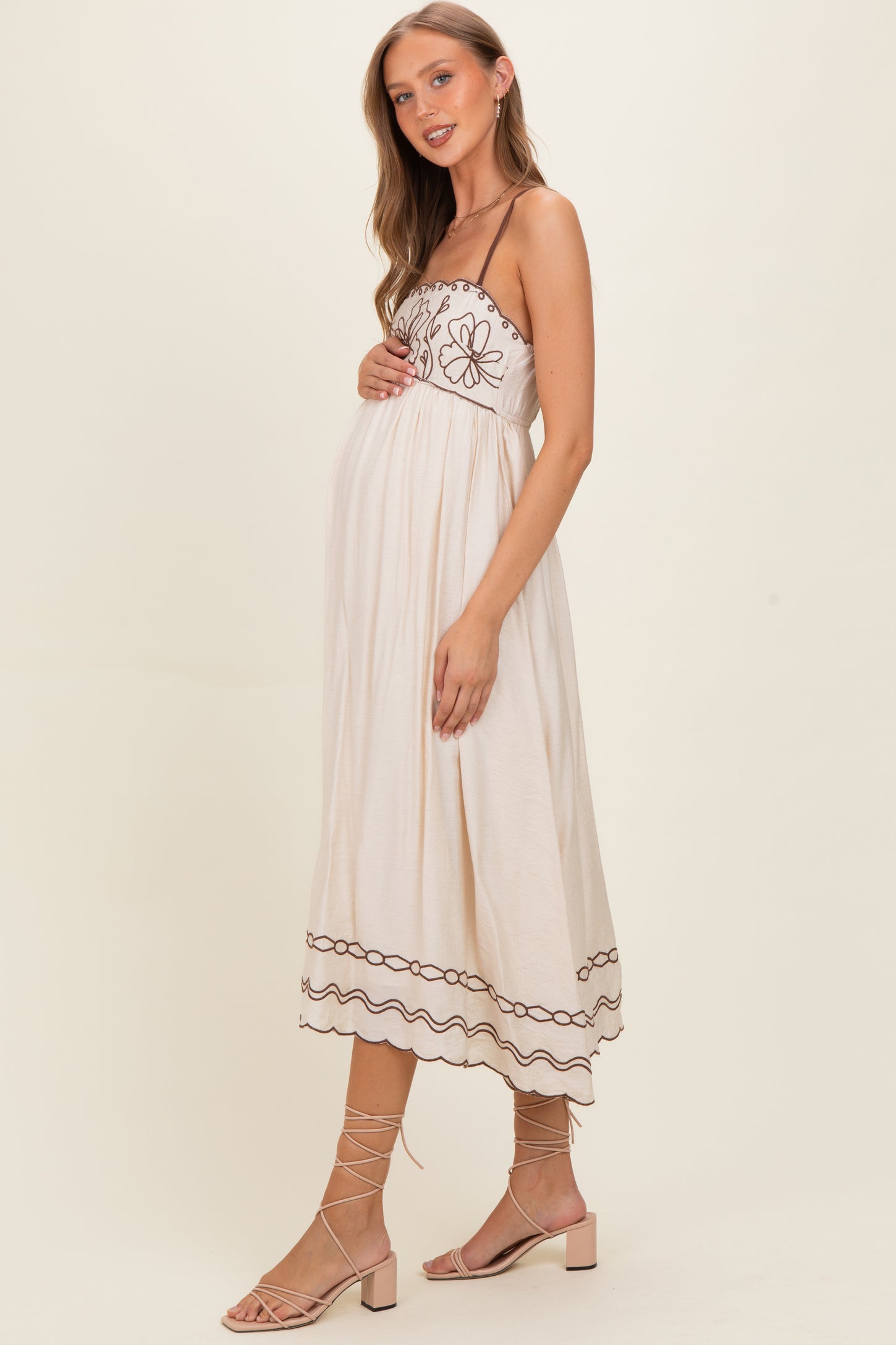Brown Floral Embroidery Scalloped Midi Dress – PinkBlush