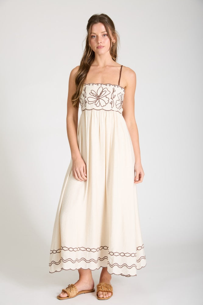 Brown Floral Embroidery Scalloped Midi Dress – PinkBlush