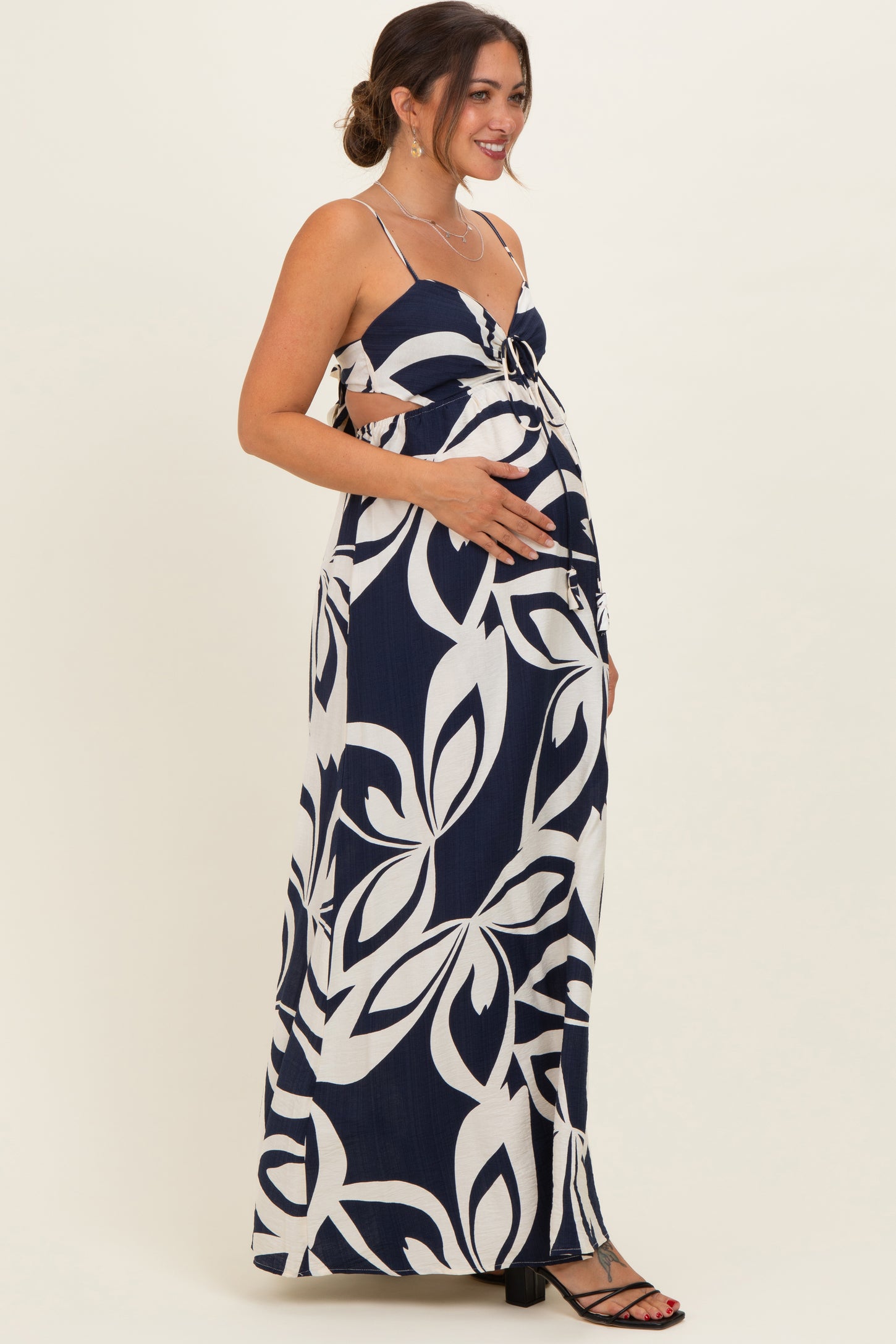 navy floral halter dress Navy Floral Halter Neck Maxi Dress With Slit