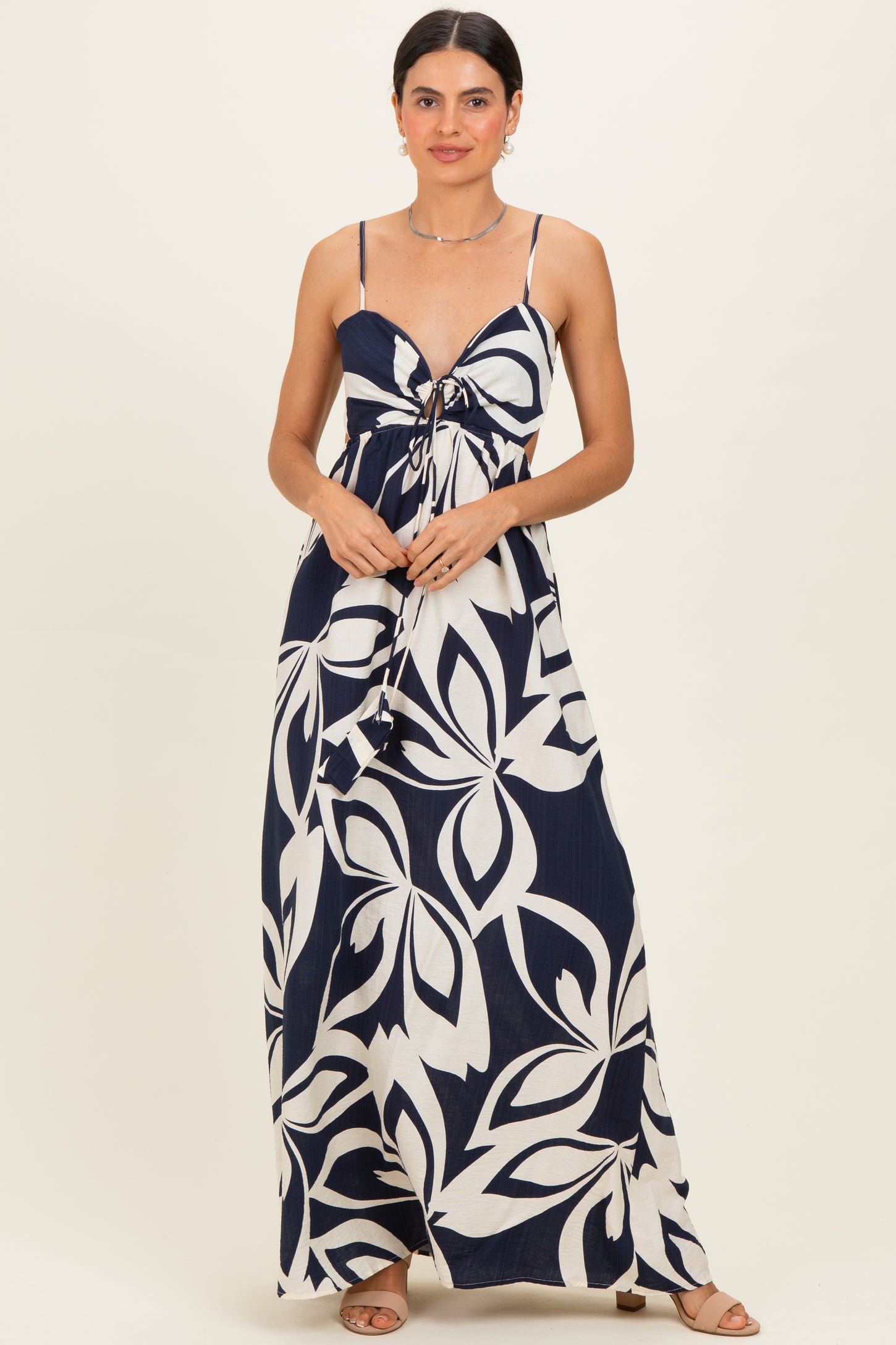 Navy Floral Cutout Halter Maxi Dress