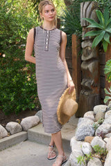 Brown Striped Knit Maternity Midi Henley Tank Dress