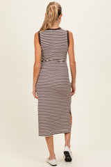Brown Striped Knit Maternity Midi Henley Tank Dress