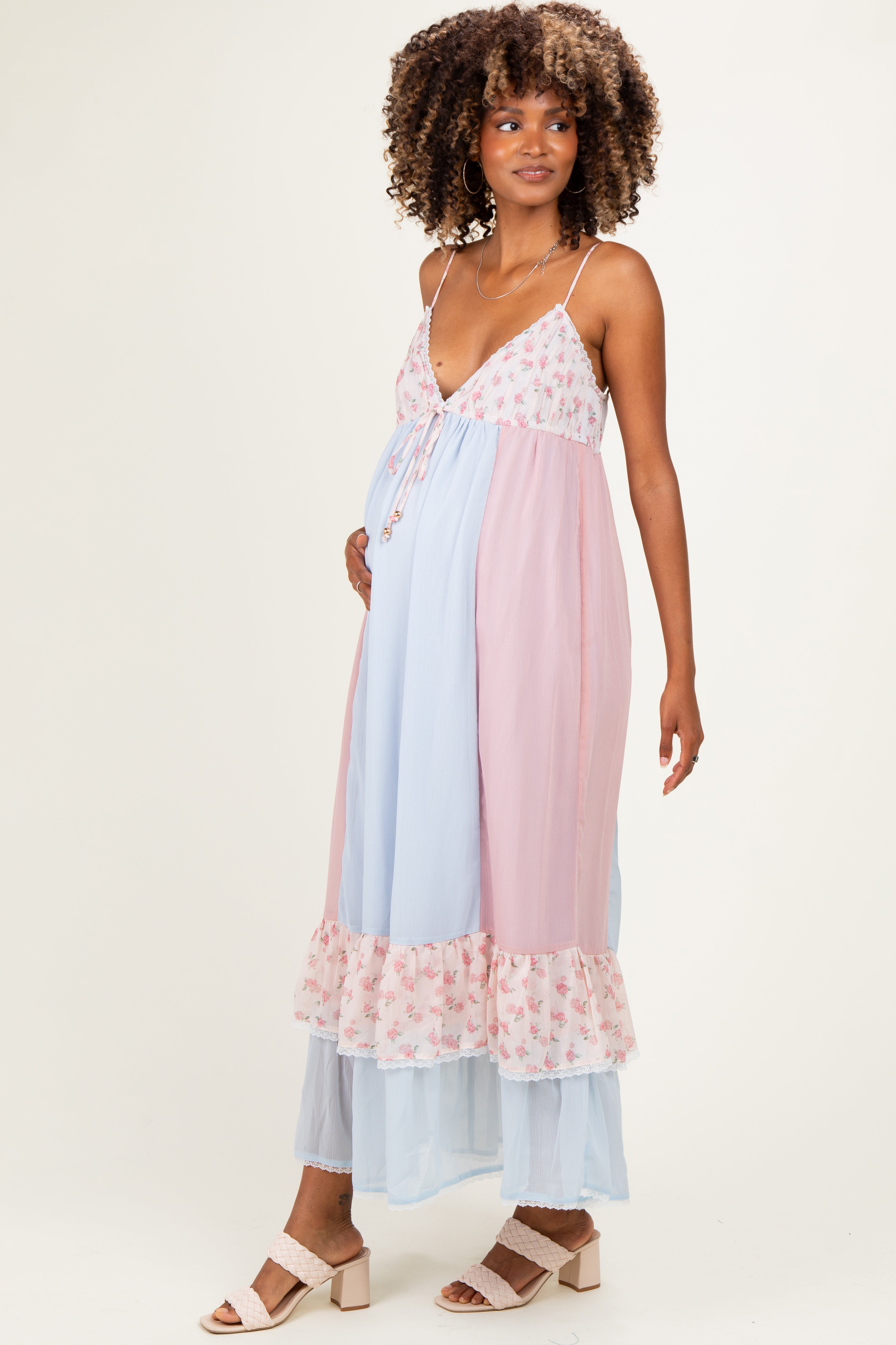 Light Blue Floral Colorblock Tiered Ruffle Maternity Maxi Dress