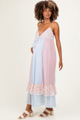 Light Blue Floral Colorblock Tiered Ruffle Maternity Maxi Dress