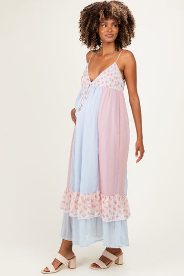 Light Blue Floral Colorblock Tiered Ruffle Maternity Maxi Dress