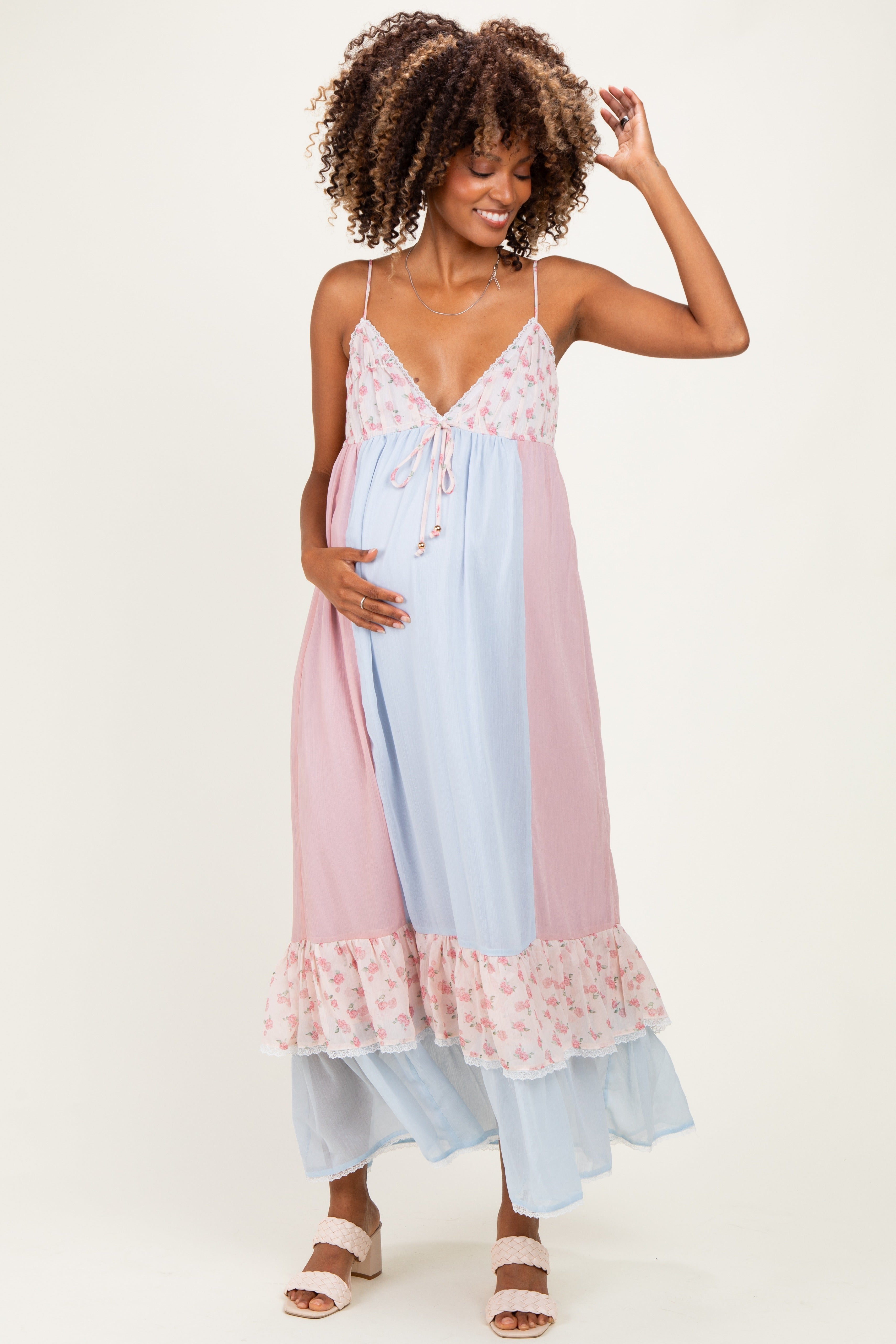 pink and blue dress maternity maternity dresses pink and blue Pink&Blue Tie Dye Mesh Ruched Cami Gender Reveal Maternity Maxi Dress