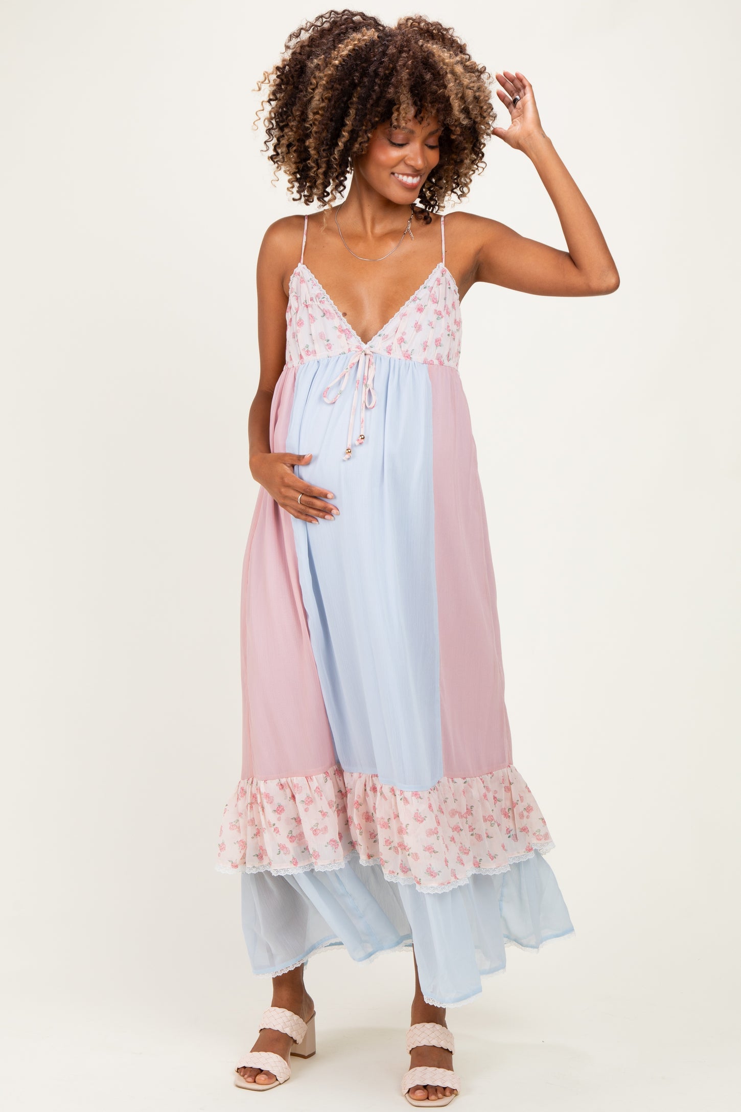 blue and pink maternity maxi dress Pink White Navy Blue Colorblock Maternity Maxi Dress