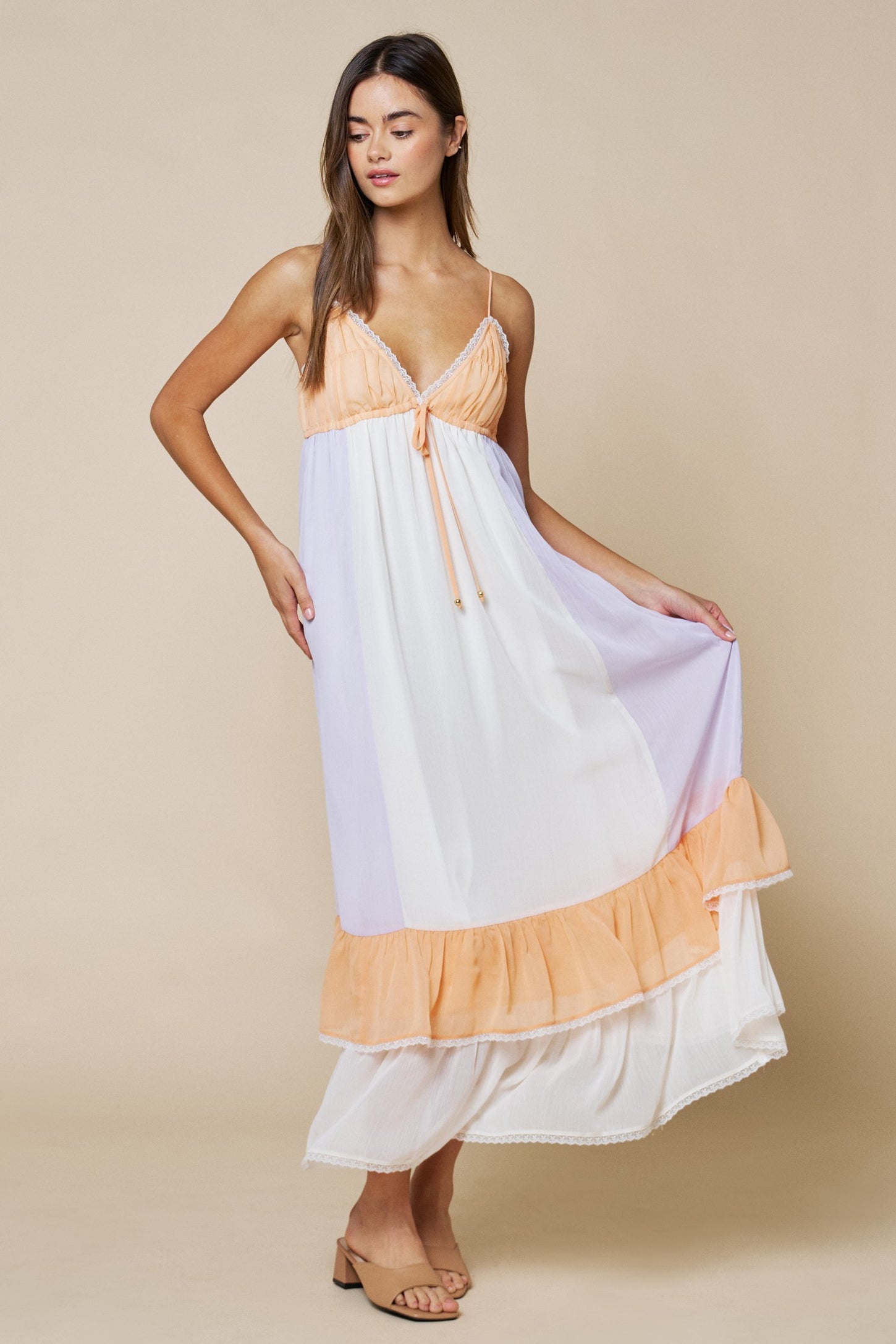 Cream Colorblock Tiered Ruffle Maternity Maxi Dress