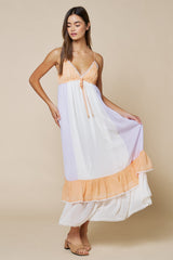 Cream Colorblock Tiered Ruffle Maxi Dress