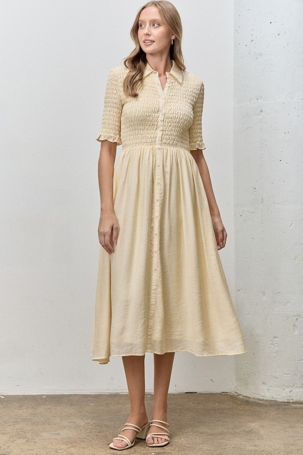 Pale Yellow Smocked Button Down Maternity Midi Dress