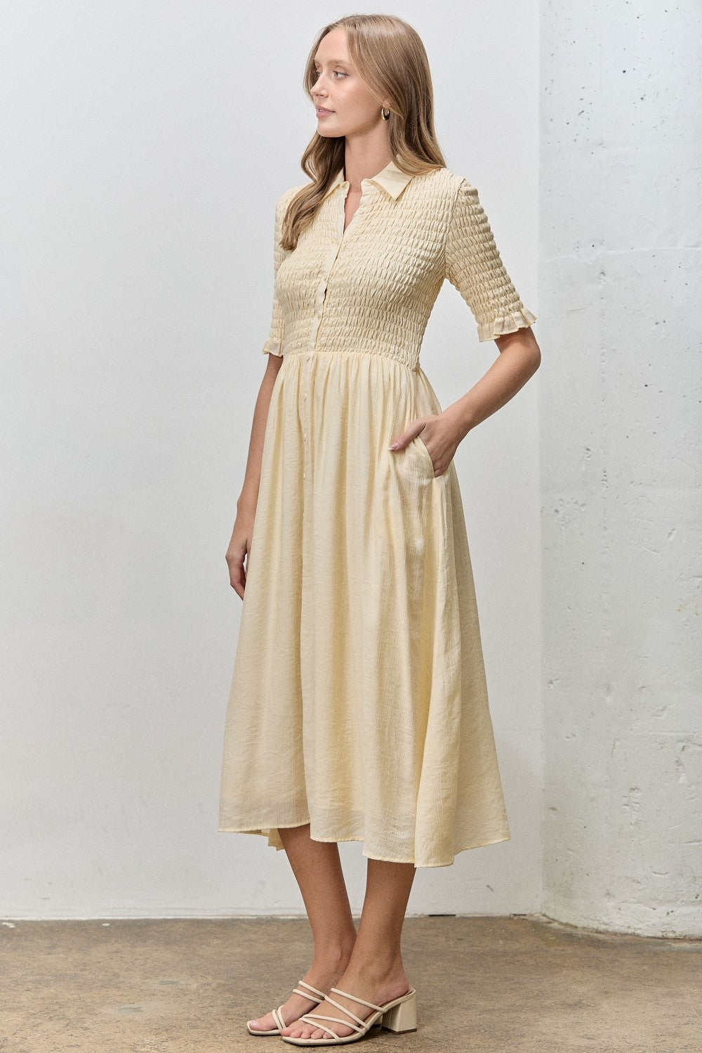 pale yellow midi dress Pale Yellow Smocked Button Down Midi Dress