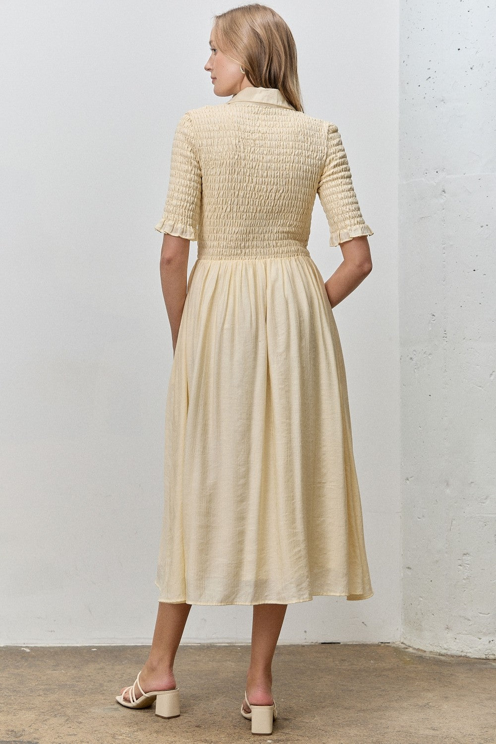 Pale Yellow Smocked Button Down Midi Dress
