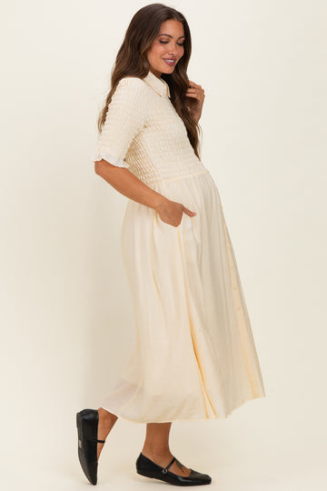Pale Yellow Smocked Button Down Maternity Midi Dress
