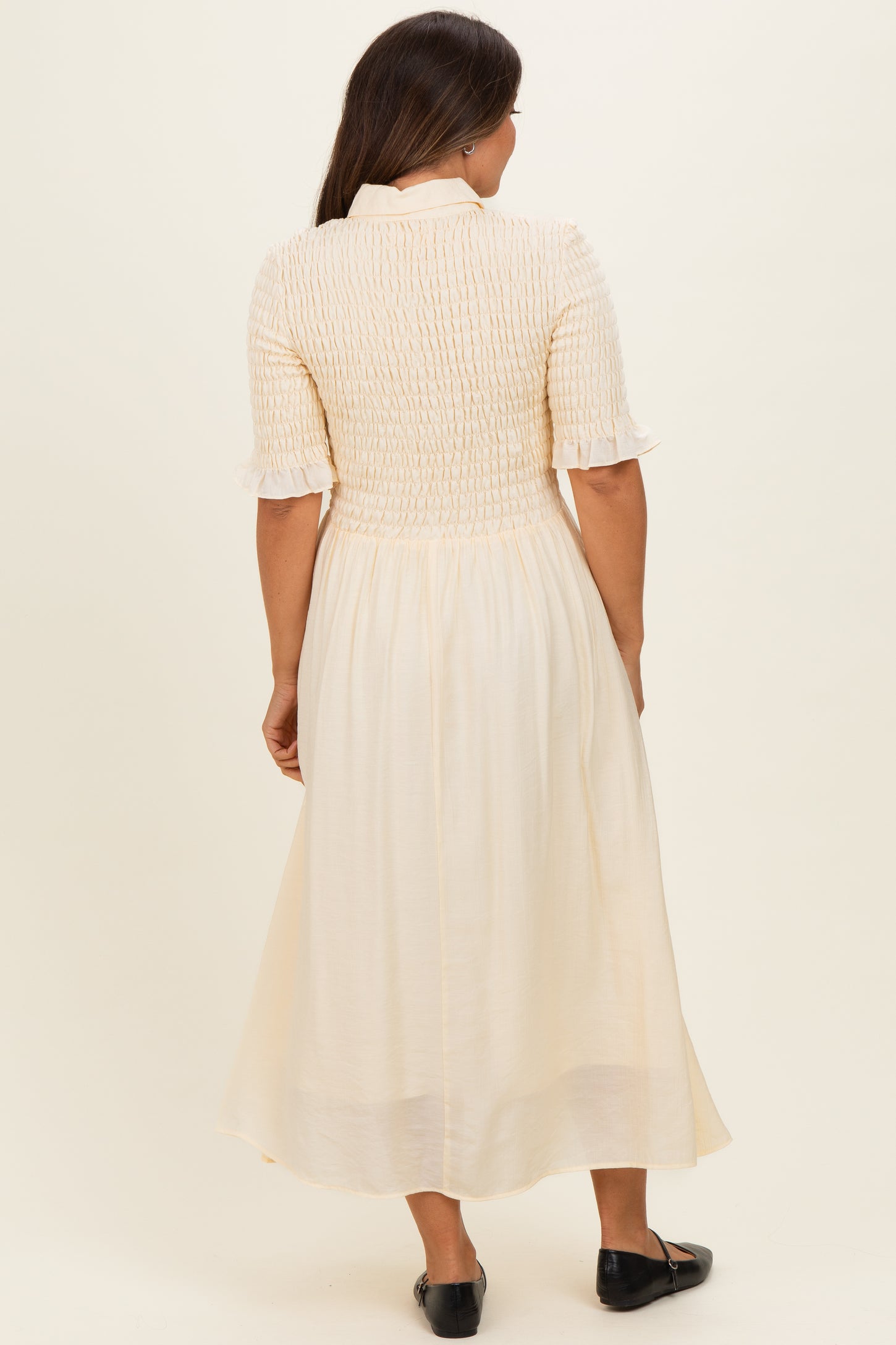 Pale Yellow Smocked Button Down Maternity Midi Dress Pale Yellow Smocked Button Down Maternity Midi Dress