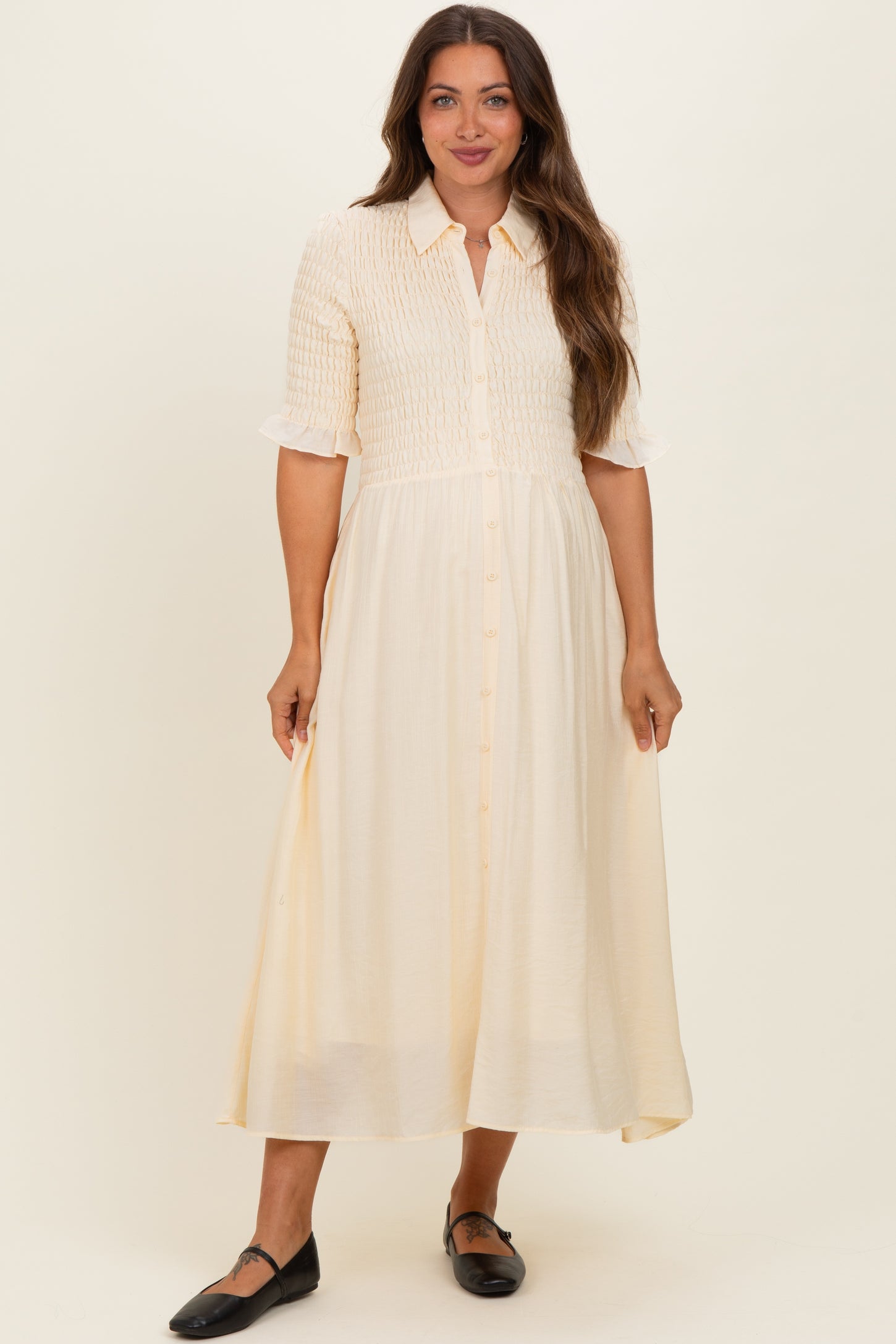 Pale Yellow Smocked Button Down Maternity Midi Dress Pale Yellow Smocked Button Down Maternity Midi Dress