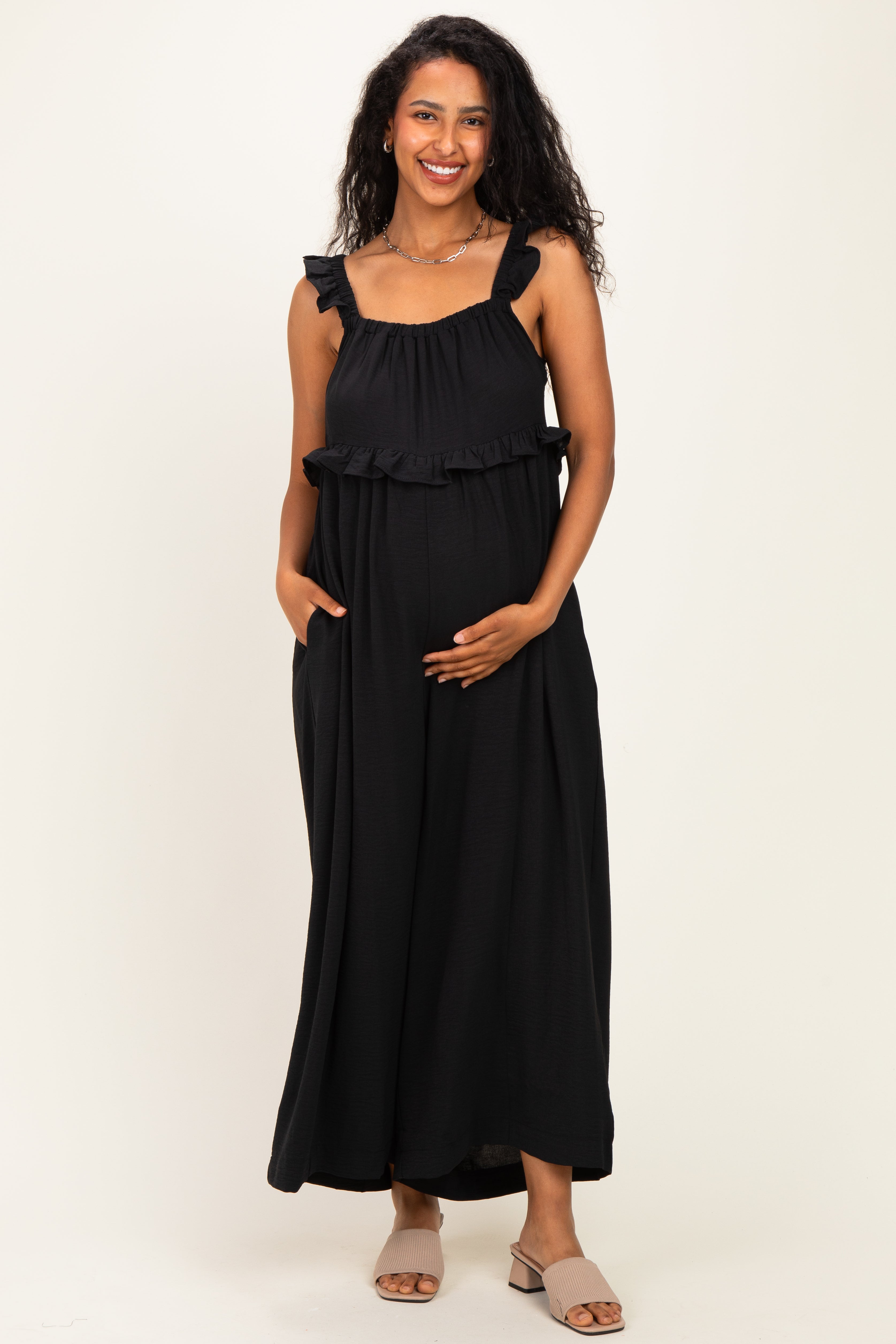 Black Ruffle Strap Maternity Wide Leg Jumpsuit – PinkBlush