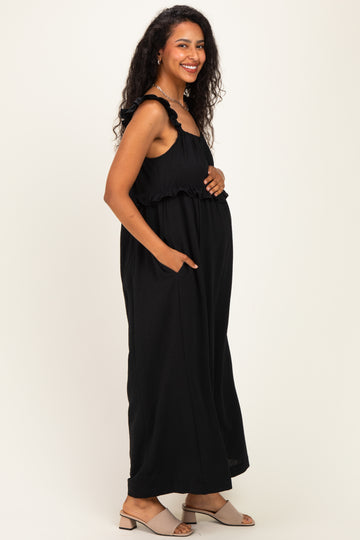 Black Ruffle Strap Maternity Wide Leg Jumpsuit