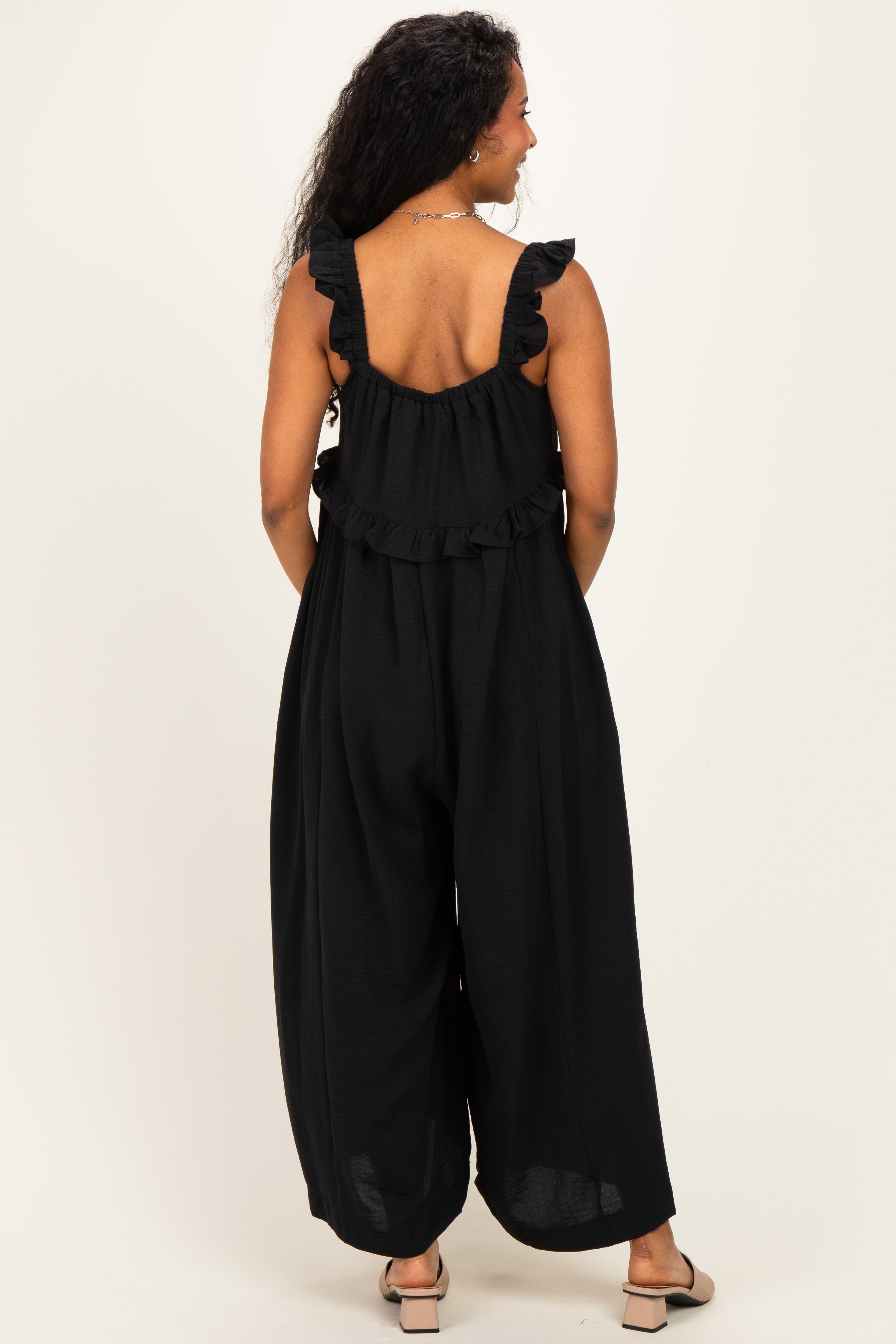 Curensology Cotton Ruffle Jumpsuit ブラック Black Ruffle Strap Maternity Wide Leg Jumpsuit – PinkBlush