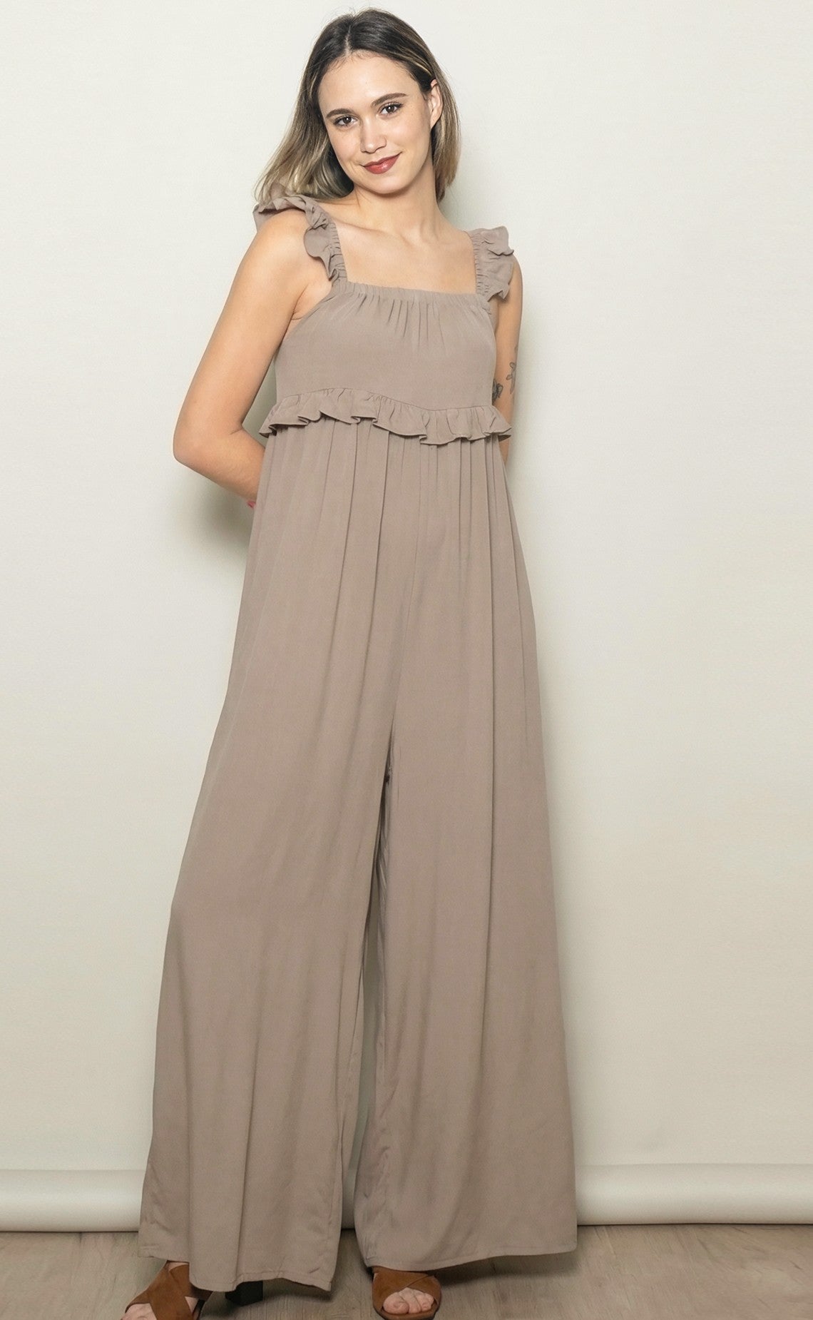 Light Mocha Ruffle Strap Maternity Wide Leg Jumpsuit