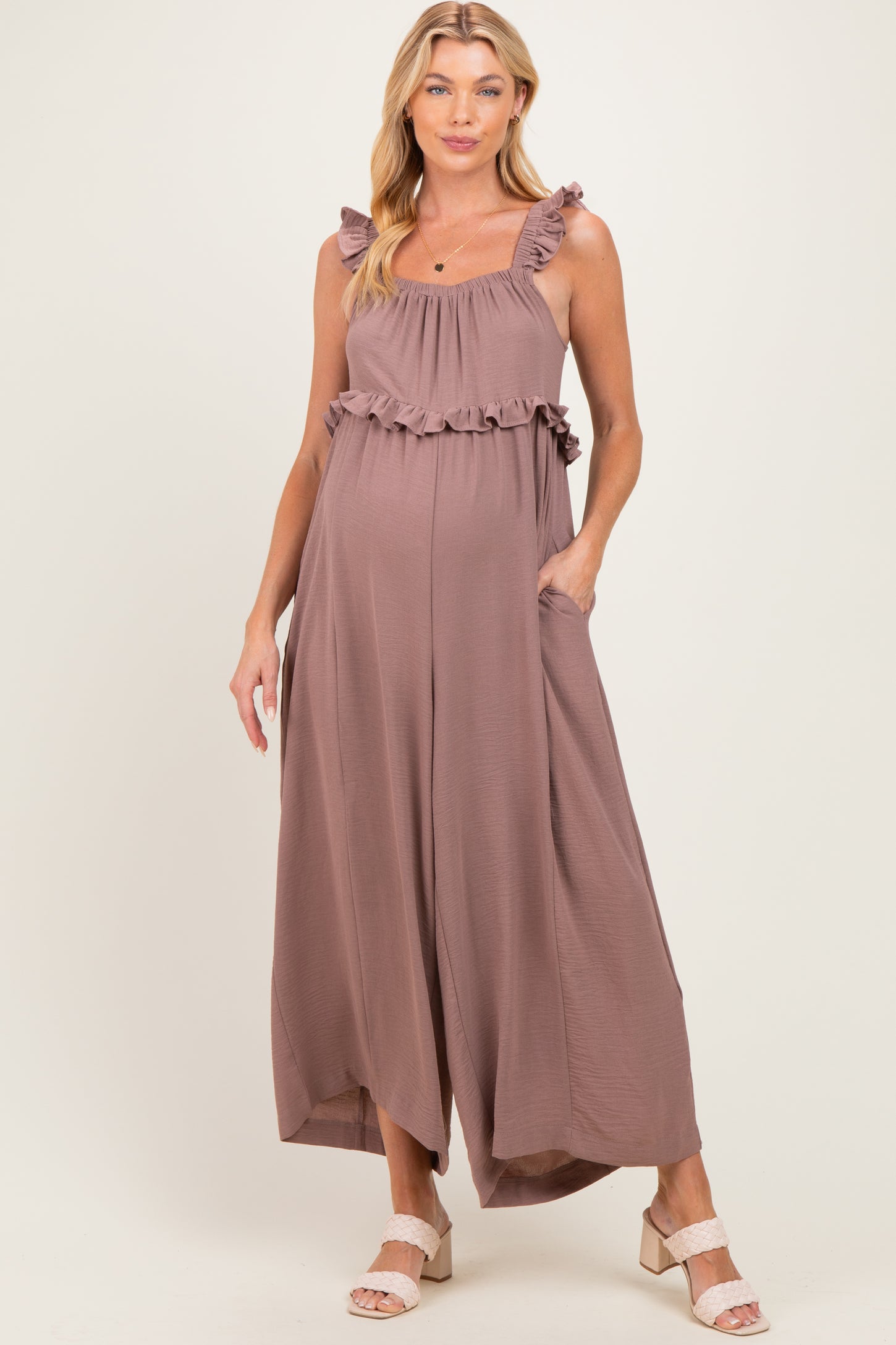 Light Mocha Ruffle Strap Maternity Wide Leg Jumpsuit
