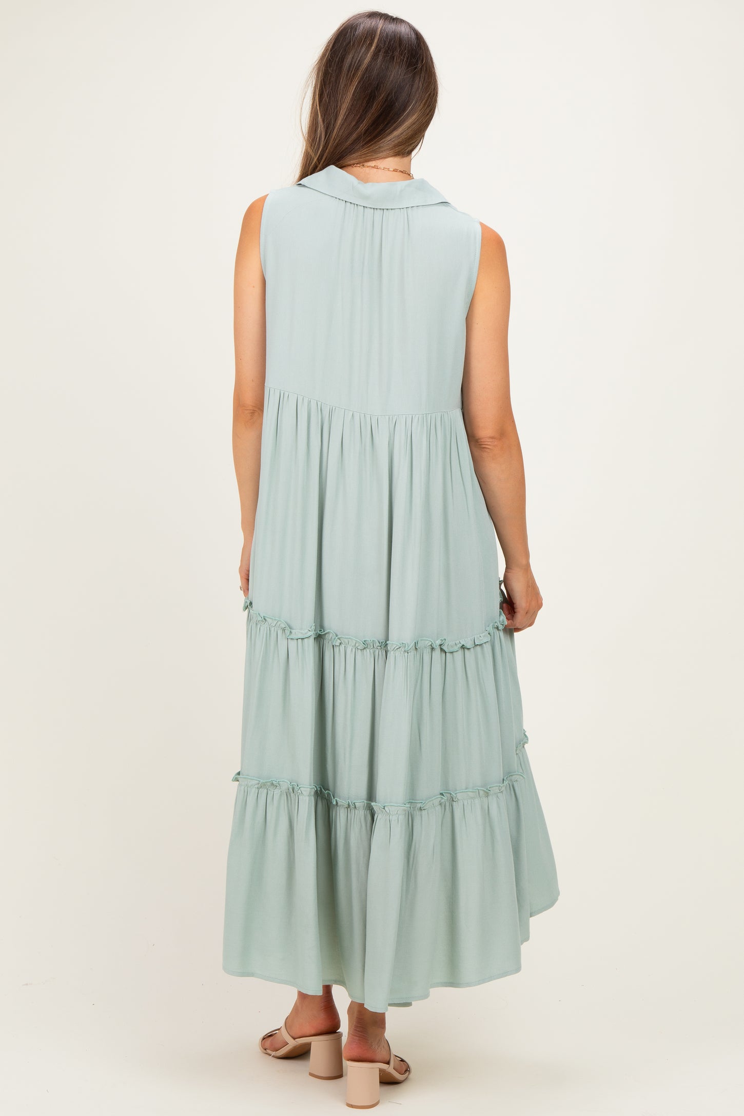 Seafoam Sleeveless Button Up Tiered Maternity Maxi Dress