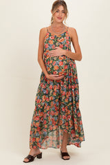 Black Floral Print V-Neck Tiered Maternity Maxi Dress