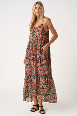 Black Floral Print V-Neck Tiered Maxi Dress